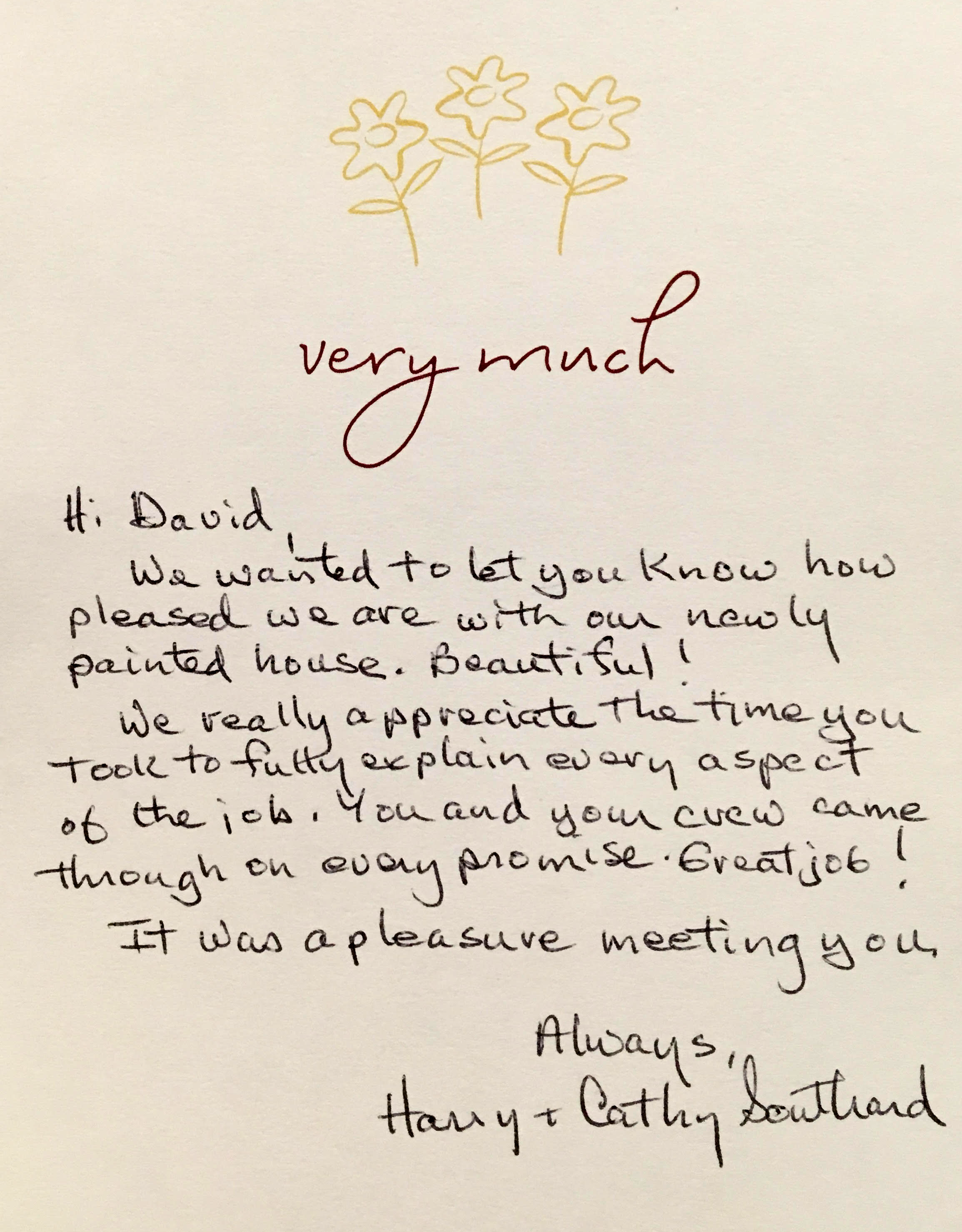 a handwritten testimonial card